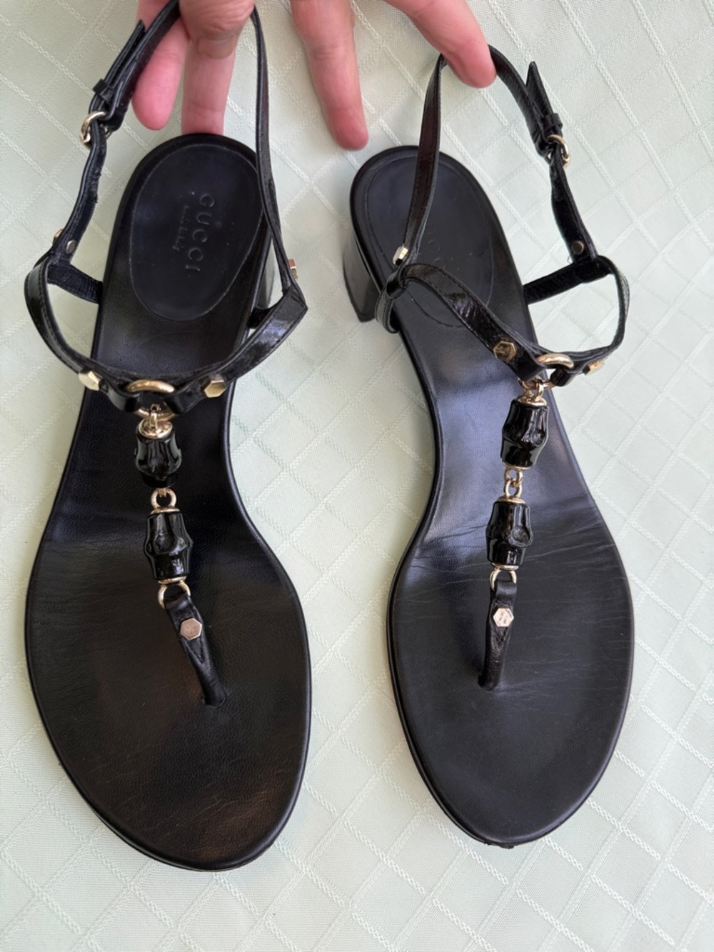 Gucci Black Patent Leather T-Strap Sandals with Gold Accents in Dust Bag